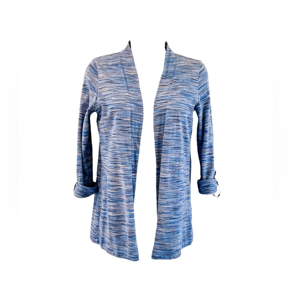 J Jill Cotton Open Front Cardigan Size XSP Roll Up Long Sleeve Heathered Blue
